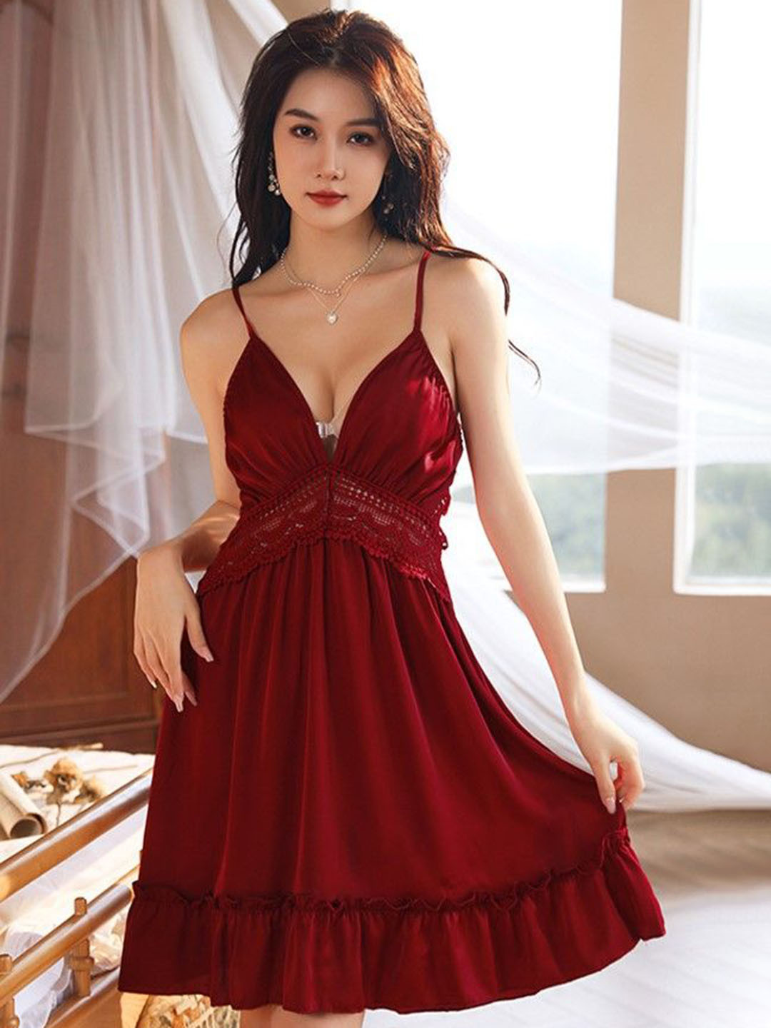 Backless Satin Nightgown with Cross-Strap Lace Bodice and Ruffled Hem
