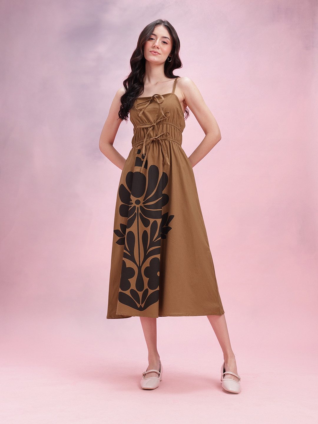 DressBerry Floral Print Shoulder Straps Ruched A-Line Midi Dress