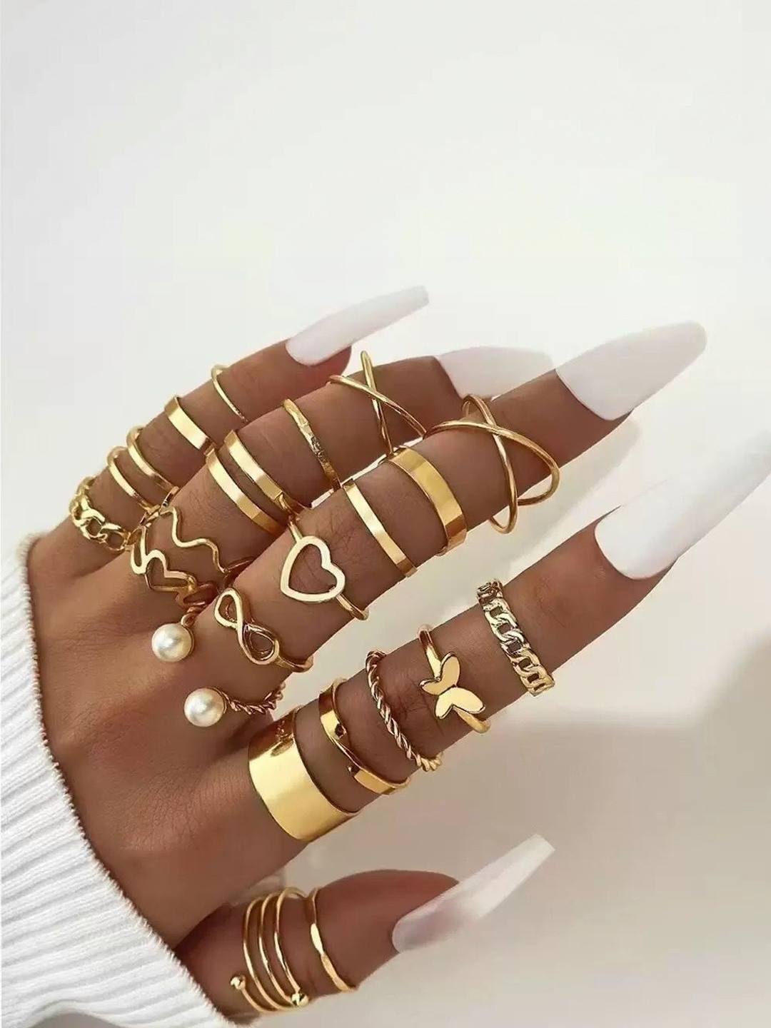 DressBerry Set Of 22 Gold-Plated Beaded Finger Ring