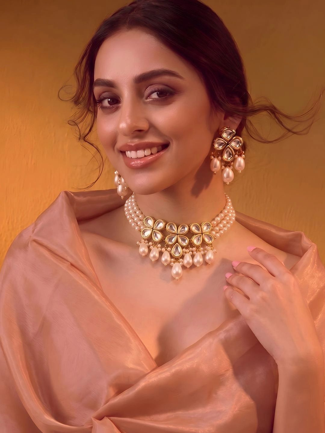 ADIVA Gold-Plated Kundan Pearls Beaded Floral Choker Necklace Earrings Jewellery Set