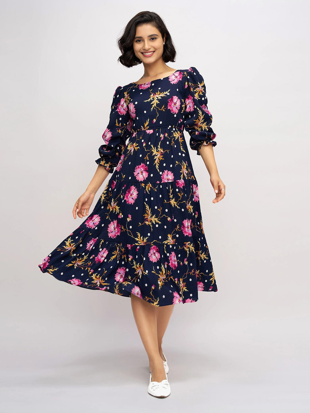 DressBerry Women Floral Print Gathered or Pleated Tiered Crepe Fit & Flare Midi Dress
