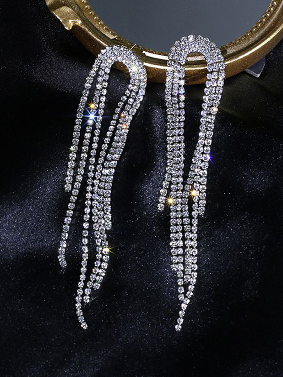 DressBerry Korean Gold-Plated American Diamond Studded Contemporary Shaped Drop Earrings