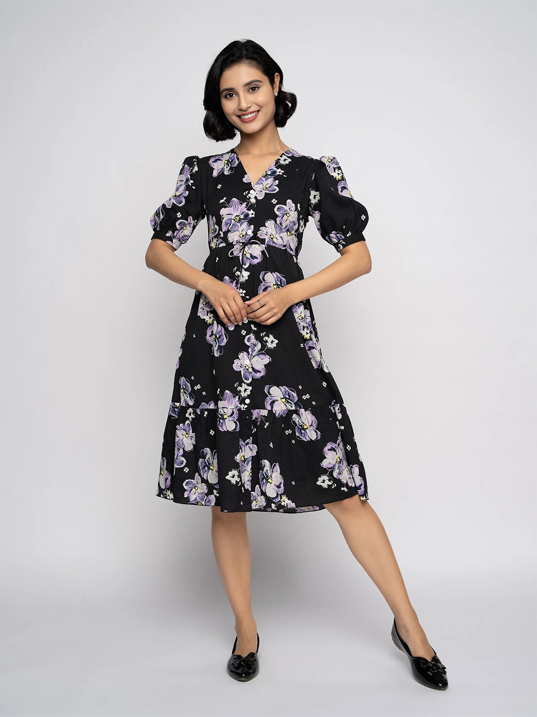 DressBerry Women Floral Print V-Neck Puff Sleeves Fit & Flare Dress