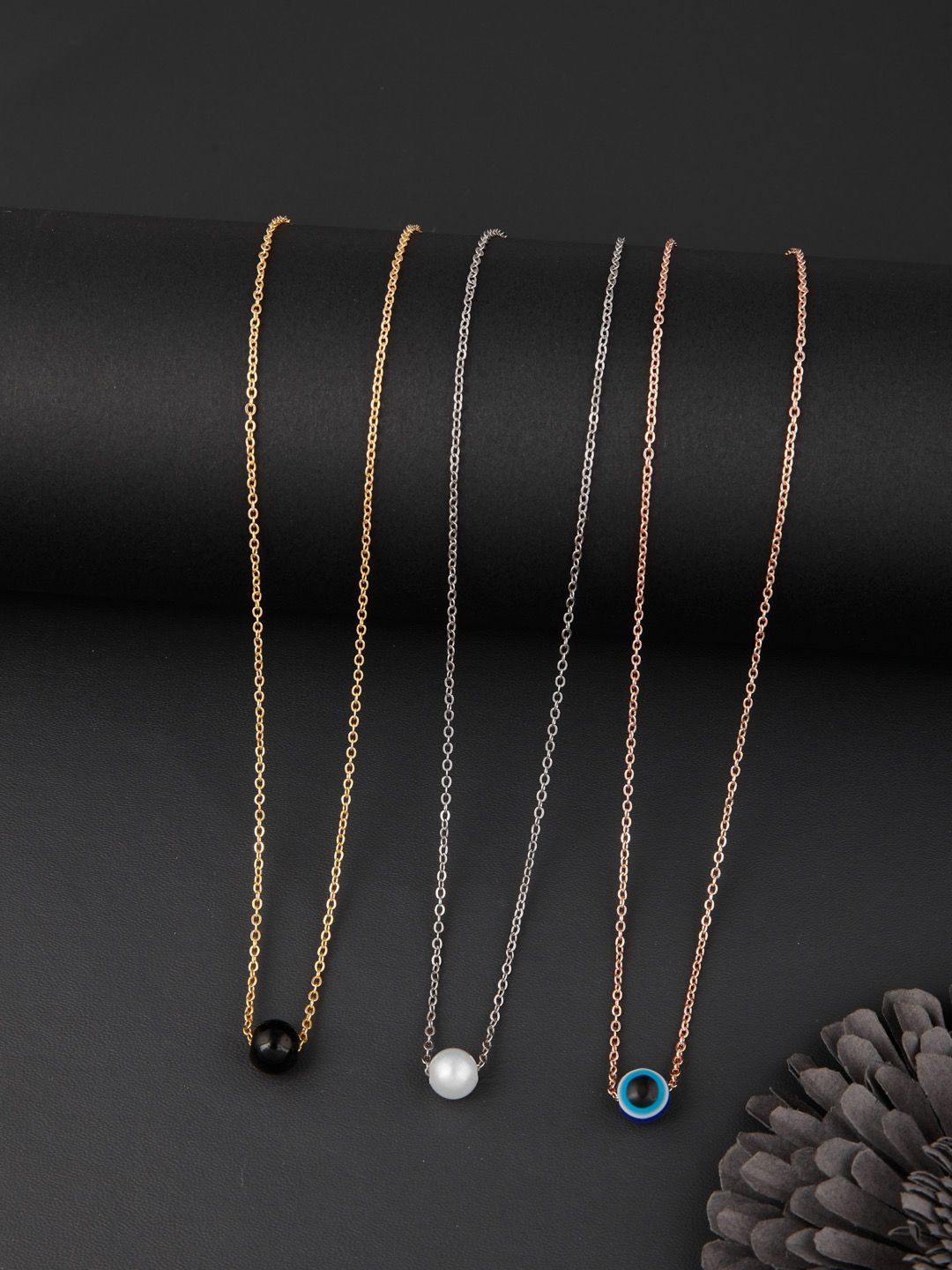 DressBerry Set Of 3 Silver Toned Gold-Plated Artificial Beads Feather Chains