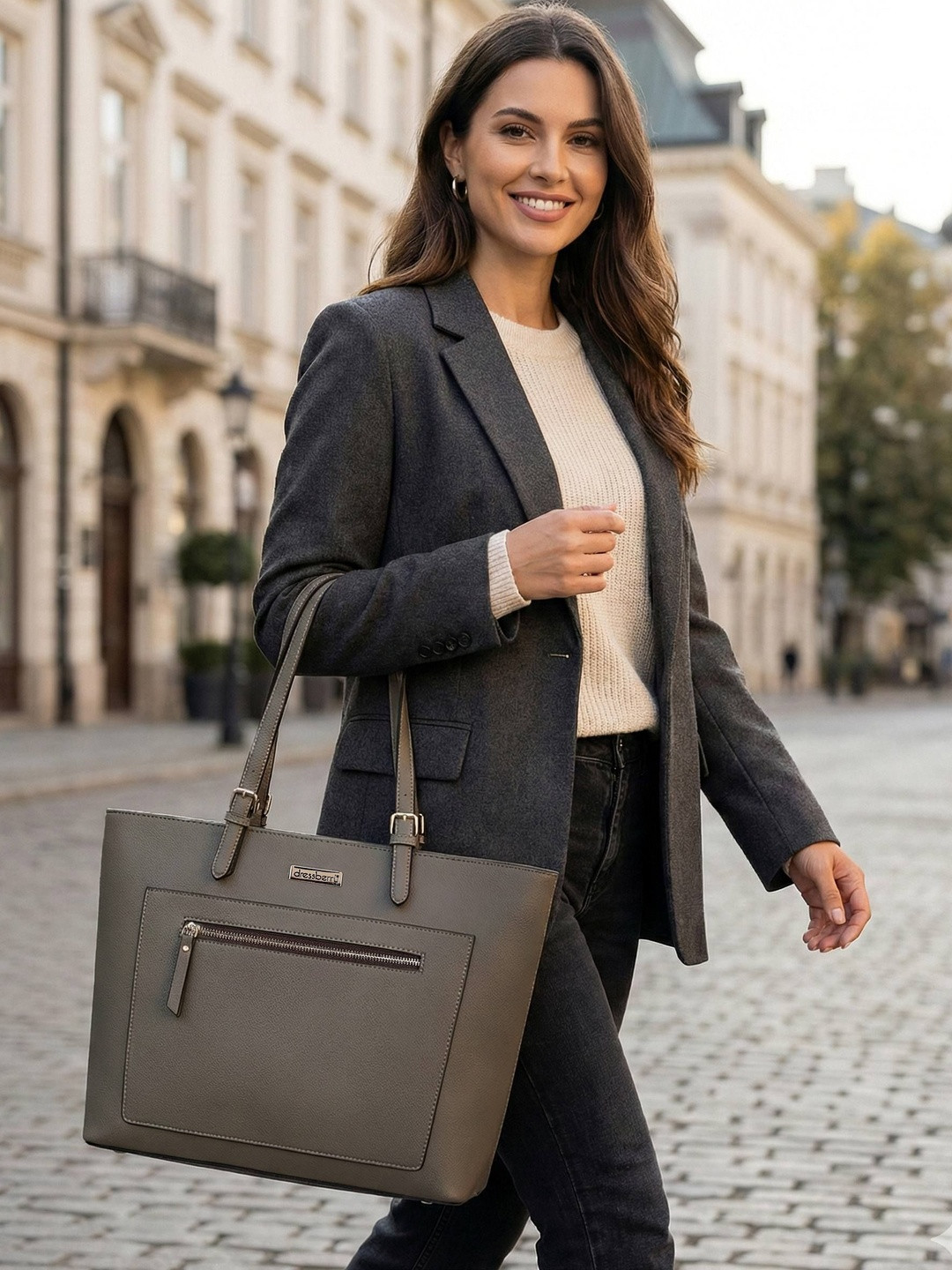 DressBerry Textured Zip Detail Synthetic Leather Tablet Sleeve Large Structured Tote Bag