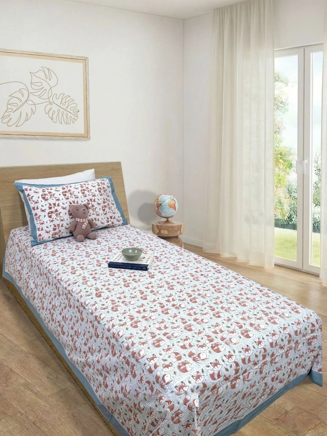 TOAI White & Rust 300 TC Single Bedsheet with 1 Pillow Covers