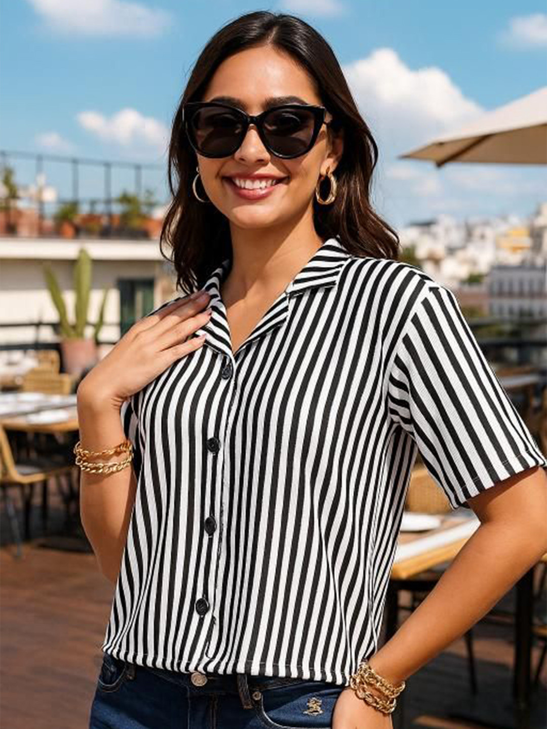 DressBerry Women Classic Fit Vertical Striped Cuban Collar Casual Shirt
