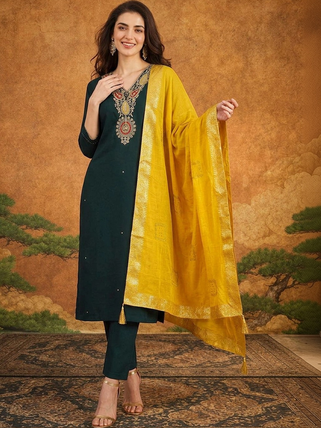 Sangria Women Ethnic Motifs Embroidered Regular Thread Work Kurta with Trousers & With Dupatta