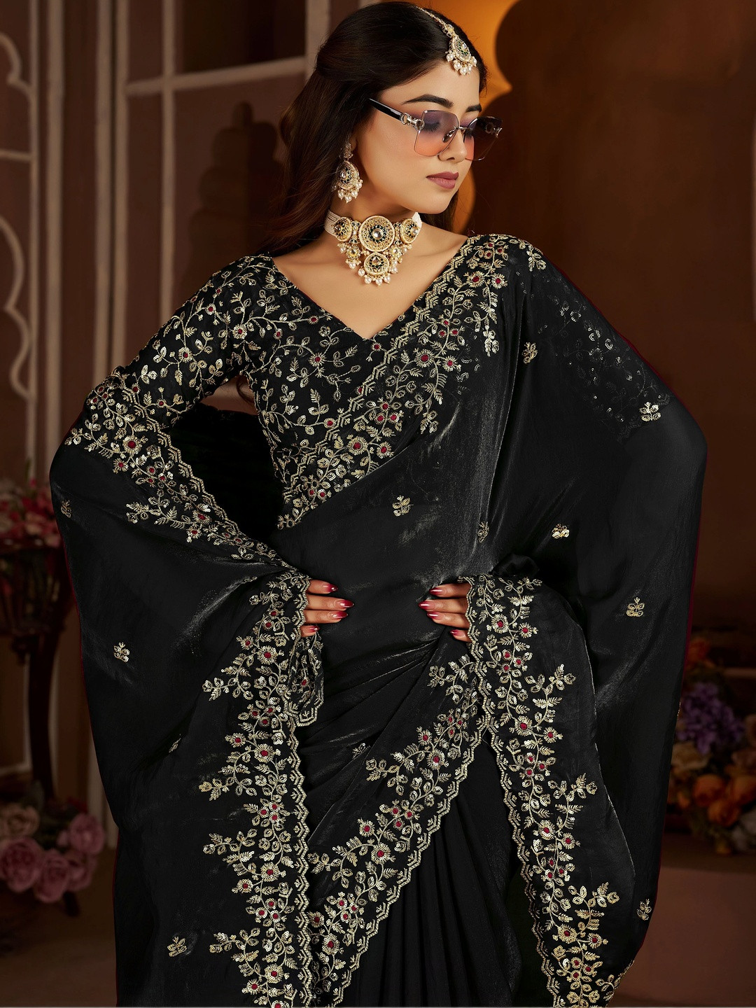 GRUHNAREE Floral Embroidered Satin Silk Saree