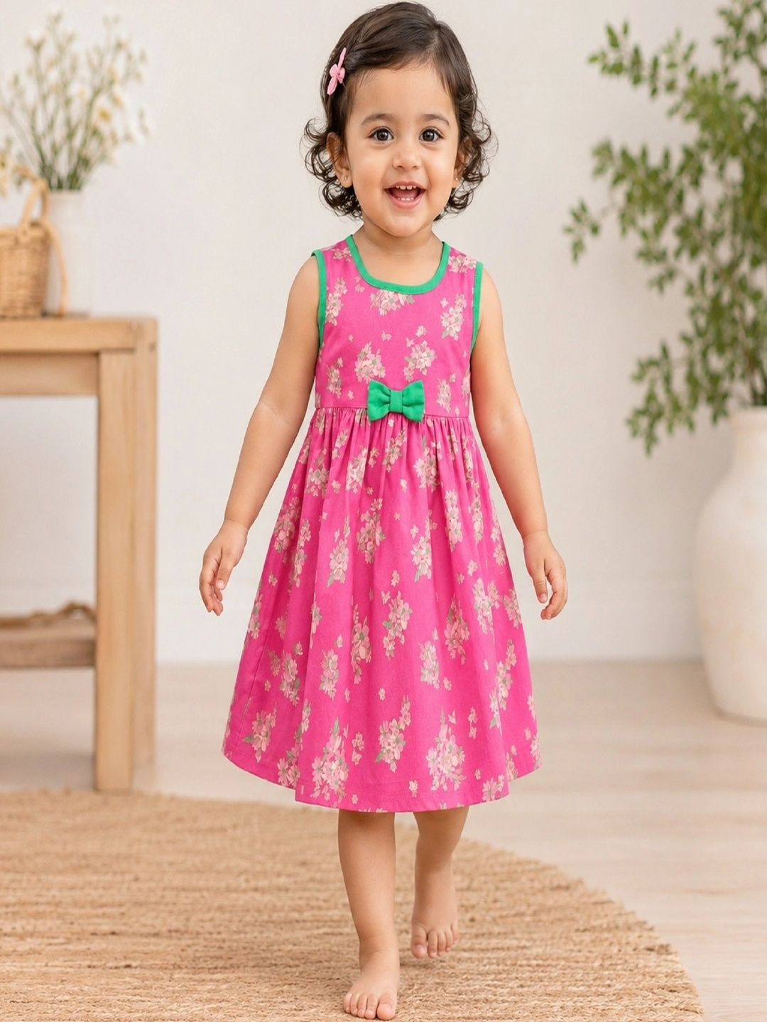 mama & bebe Baby Girls Floral Printed Sleeveless Bow Cotton Fit & Flare Midi Dress
