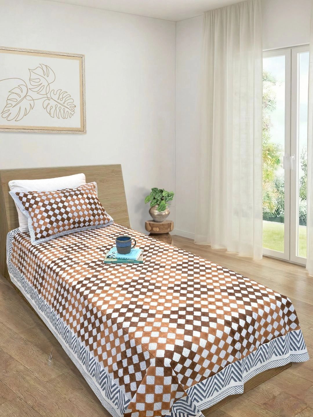 TOAI Brown & White Geometric 300 TC Single Bedsheet with 1 Pillow Covers