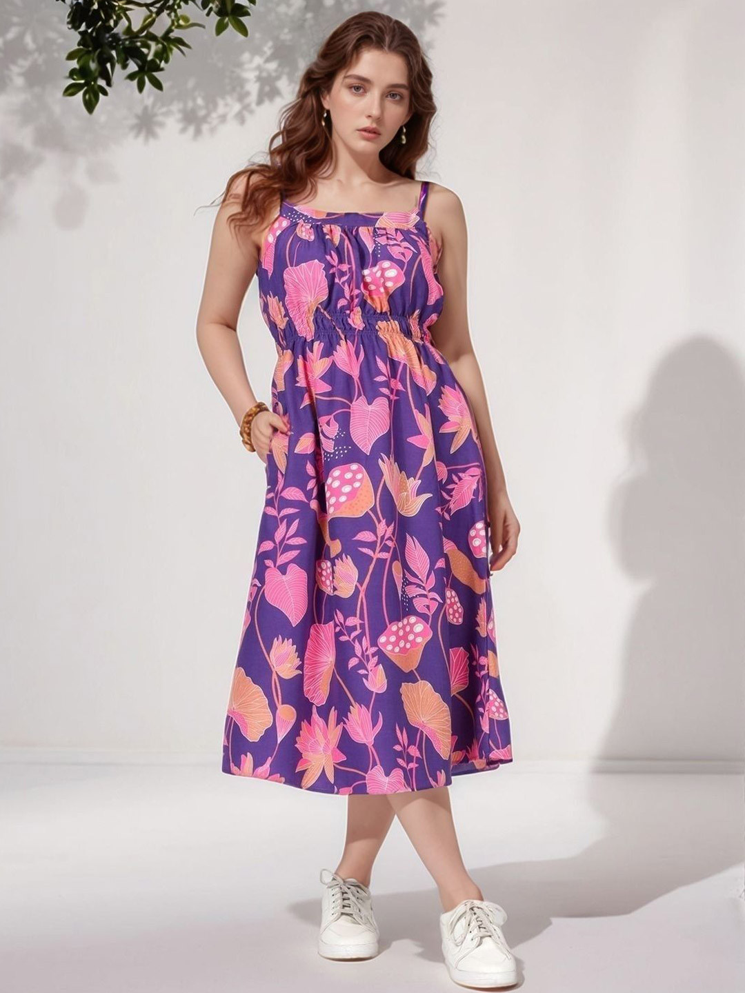 DressBerry Tropical Printed Shoulder Straps Fit & Flare Midi Dress