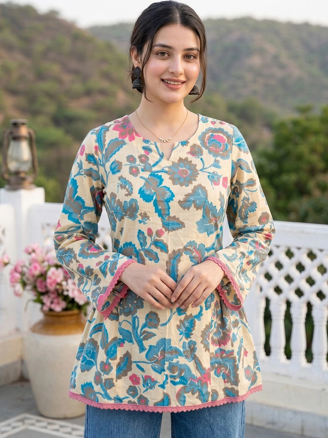 KALINI Floral Printed V-Neck Flared Sleeves Pure Cotton Blend Kurti