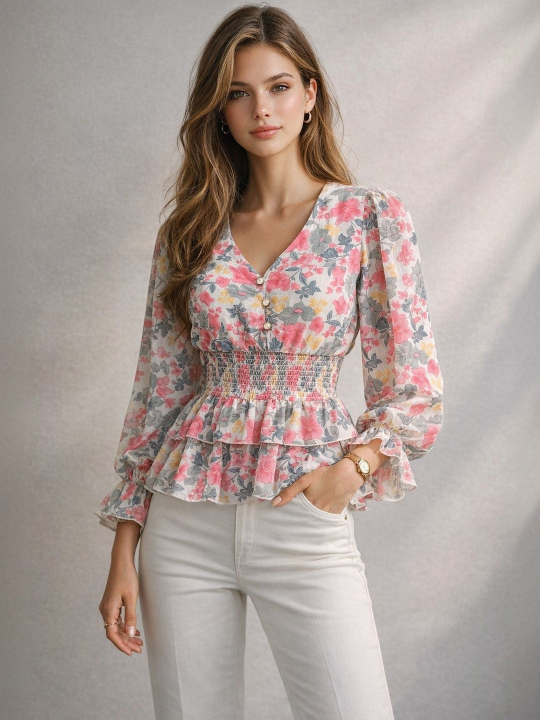 DressBerry Floral Print Georgette Peplum Top