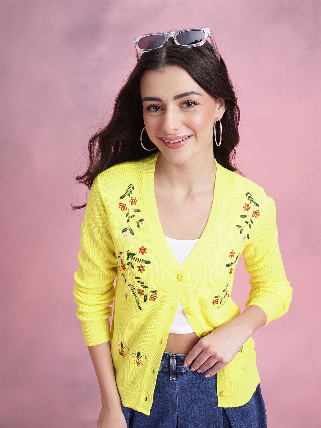 DressBerry Women Floral Embroidered Acrylic Cardigan