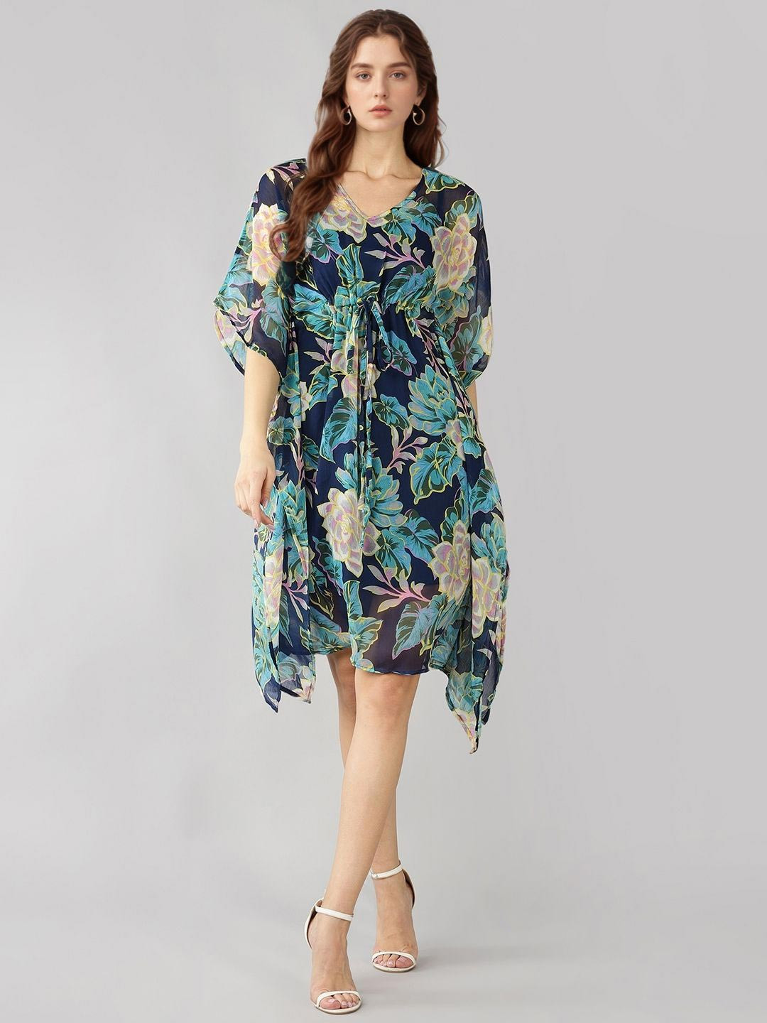DressBerry Floral Print Batwing Sleeve Chiffon Kaftan Dress