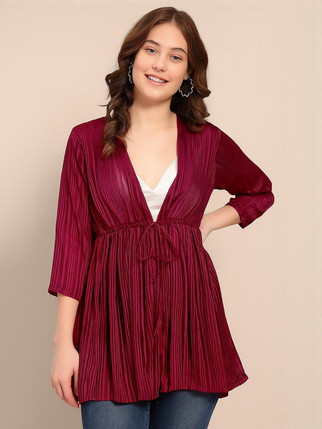 DressBerry Women Striped Longline Semi-Sheer Tie-Up Shrug