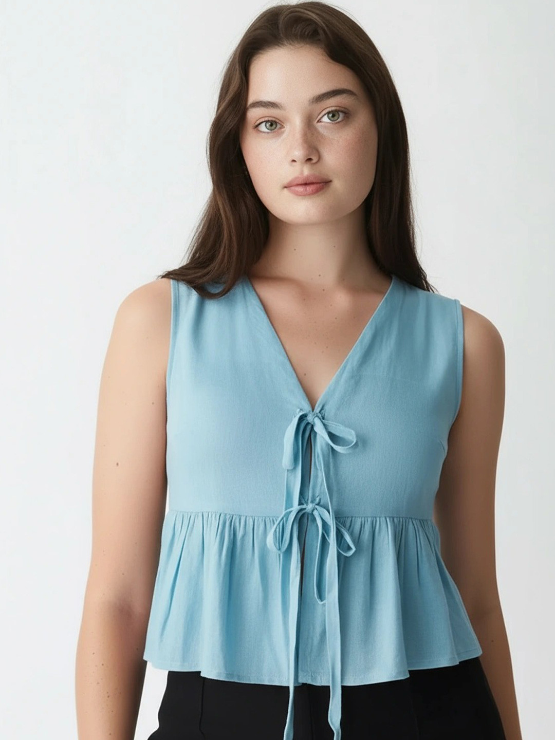 DressBerry Women Linen Solid Front Bow Peplum Top