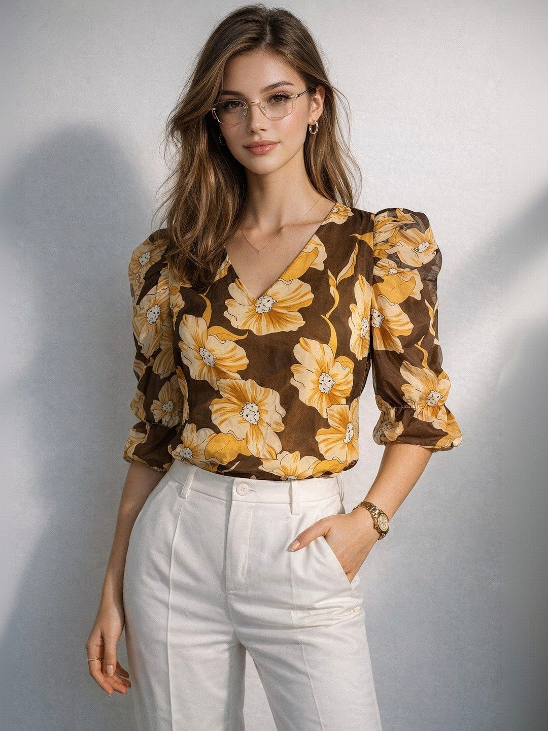 DressBerry Floral Print Puff Sleeve Georgette Top