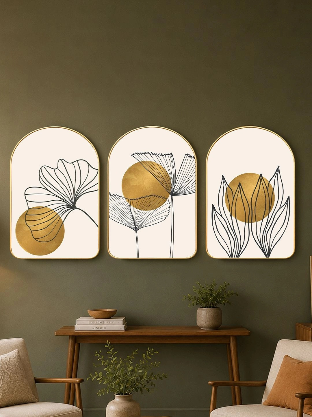 Art Street Leaf Plants Golden Sun MDF 3 Piece Rectangle Paintings Wall Art - 16 x 22 In