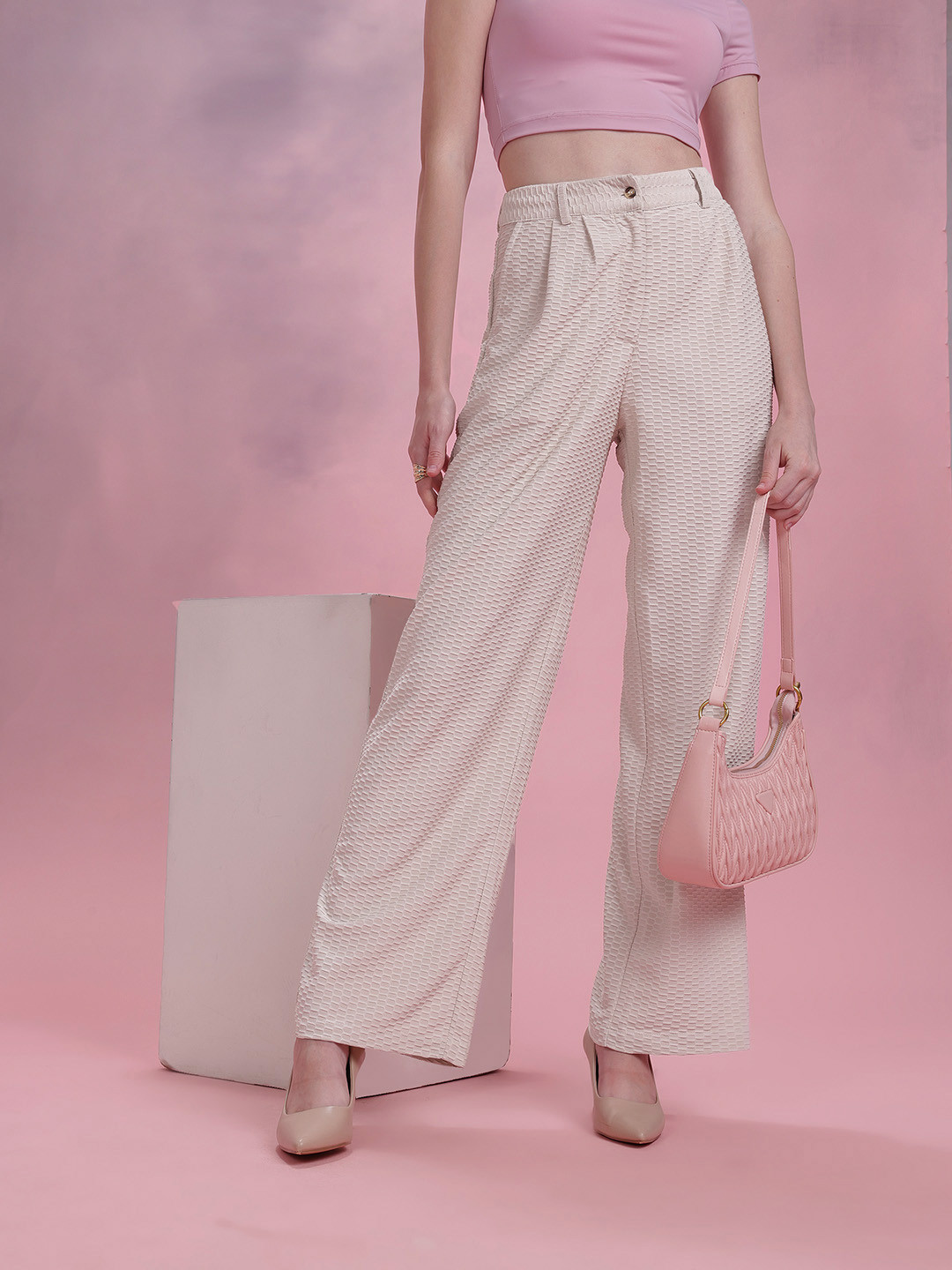 DressBerry Women Textured High-Rise Pleated Trousers