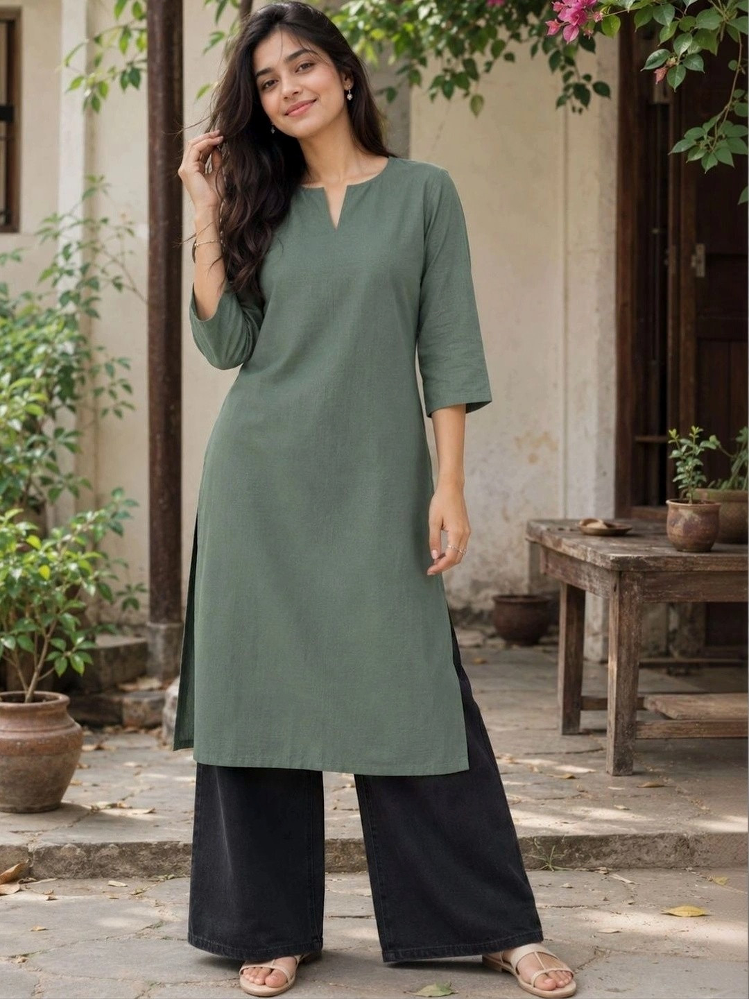 swingal Women Dusty Green Solid Pure Cotton Straight Kurta