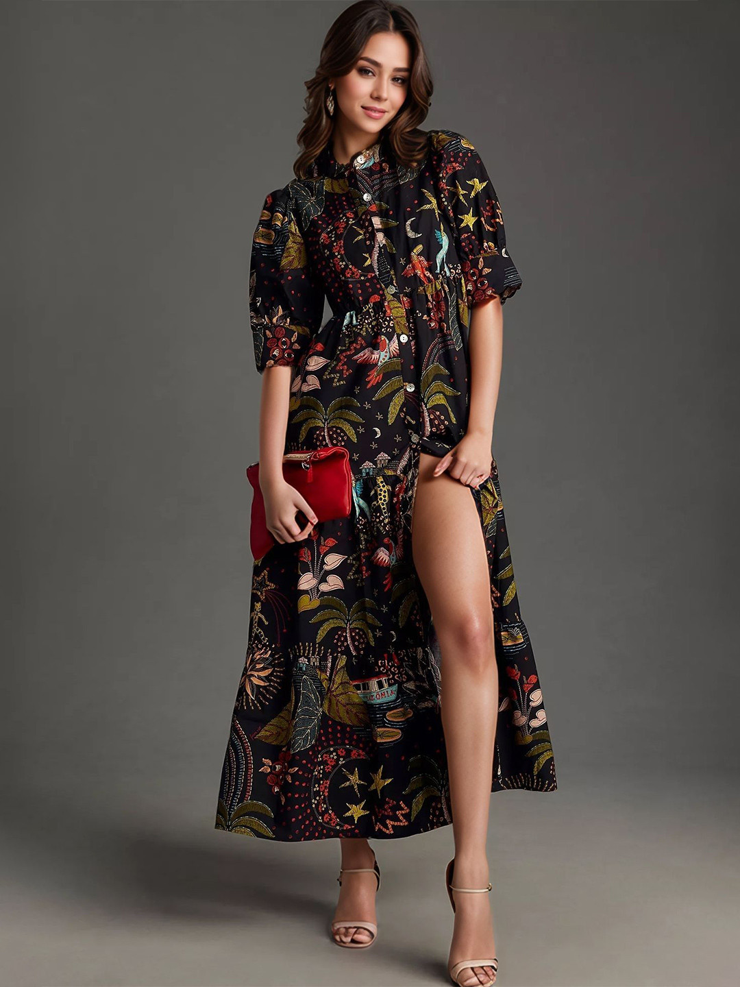 DressBerry Women Floral Printed Mandarin Collar Gathered or Pleated Casual A-Line Dress