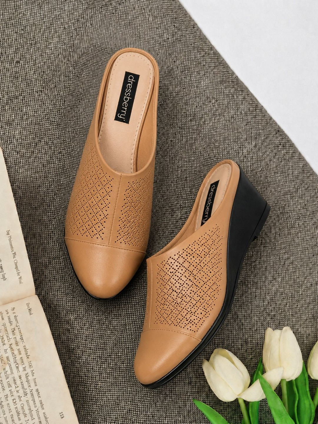 DressBerry Textured Wedge Mules with Laser Cuts