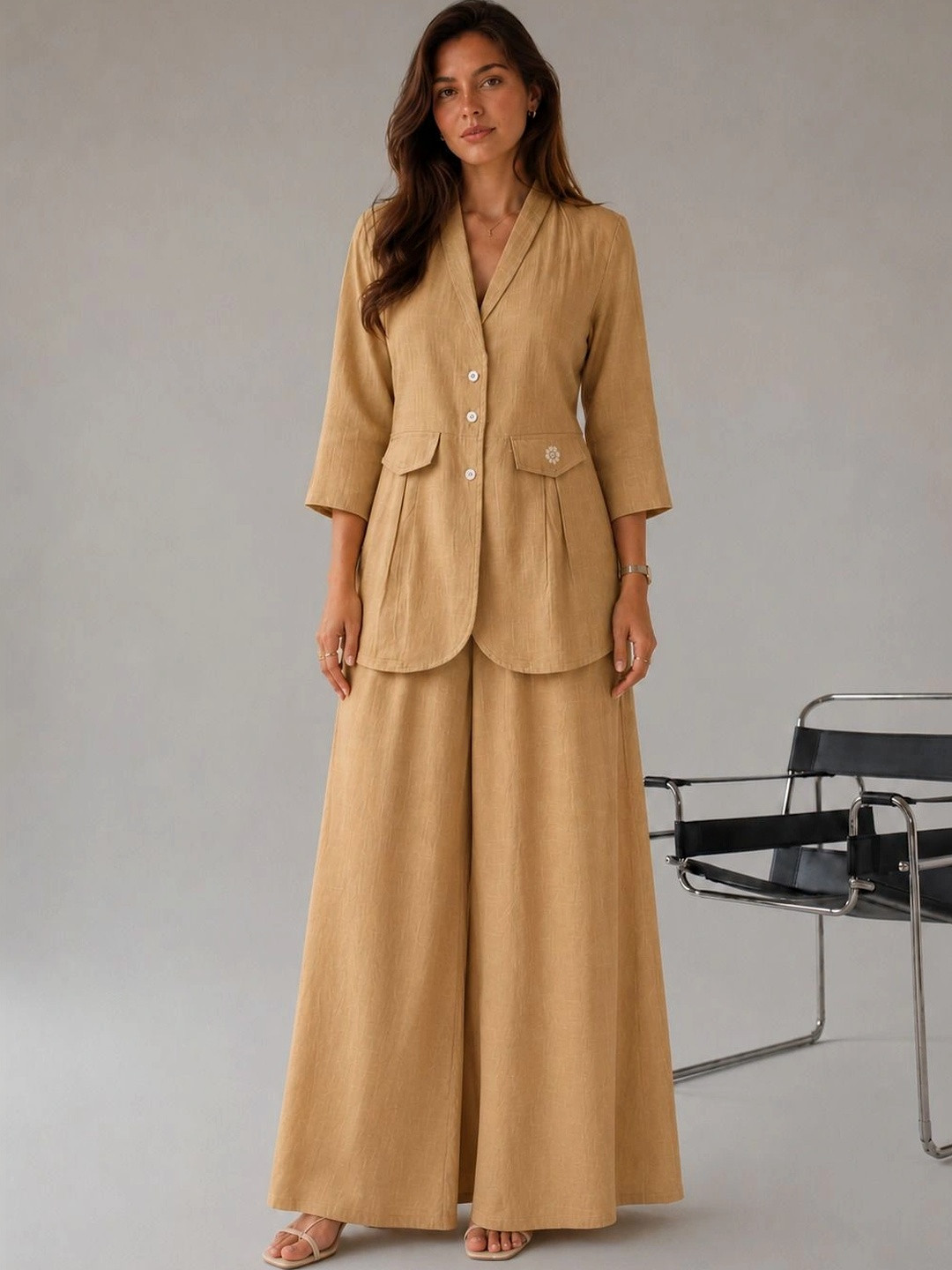 SNJI Cotton Solid Blazer with Palazzos