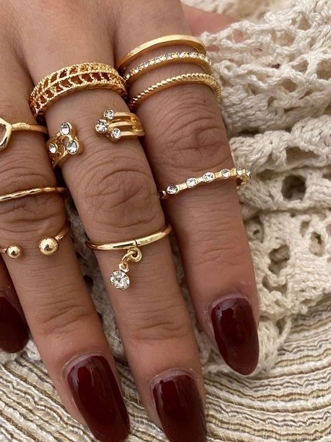 DressBerry Women Set of 8 Gold-Plated Cubic Zirconia Finger Ring