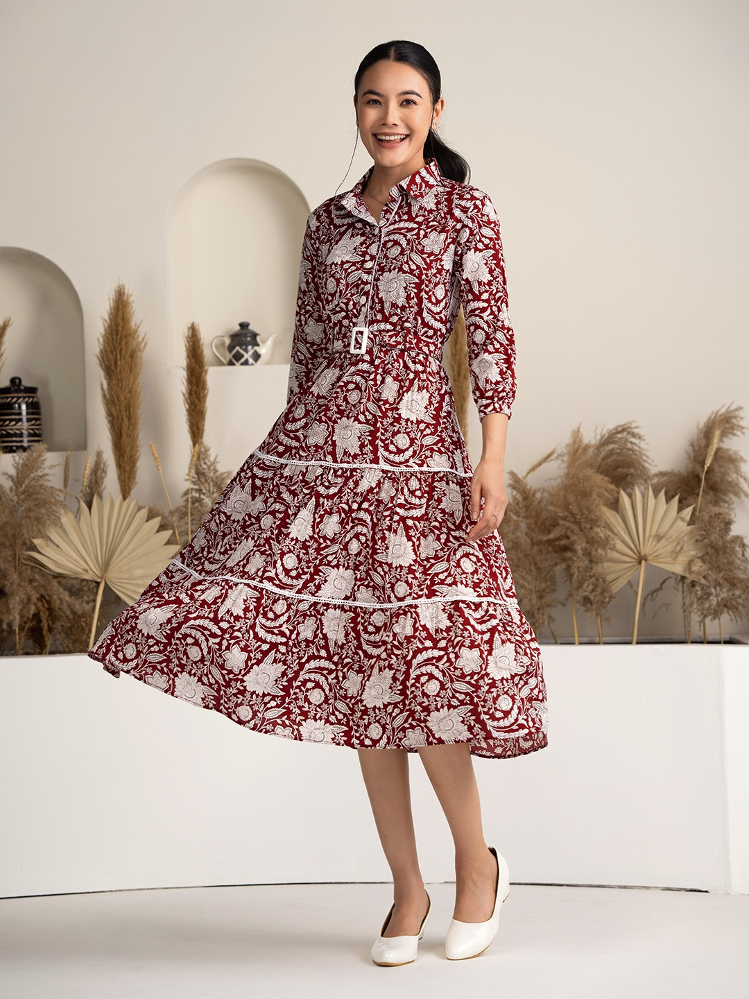 DressBerry Floral Printed Puff Sleeve Crepe Fit & Flare Midi Dress
