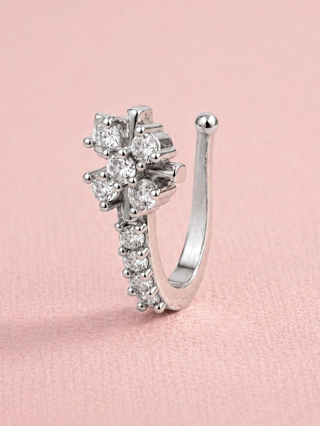 ADIVA Silver-Plated White AD Stone Floral Clip-On Nose Pin