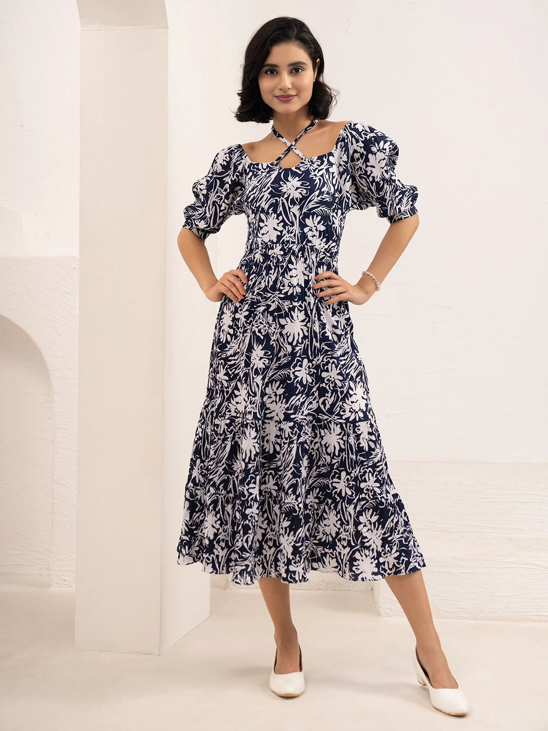 DressBerry Women Floral Printed Halter Neck Puff Sleeved Fit & Flare Midi Dress