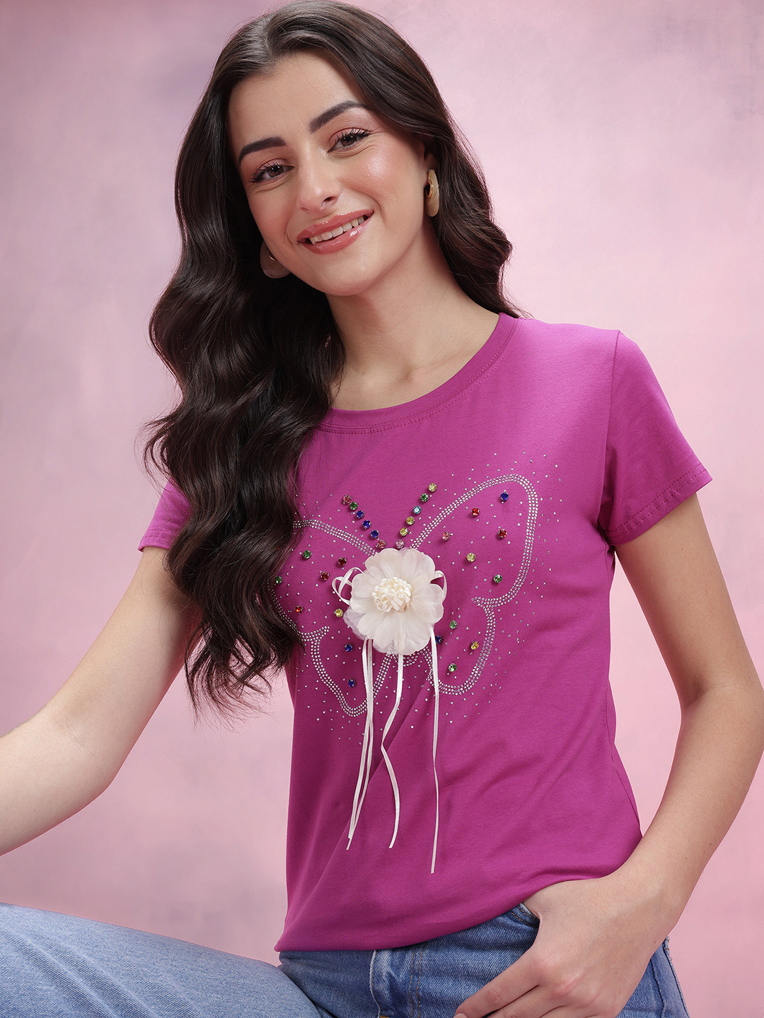 DressBerry Floral Printed Applique T-shirt