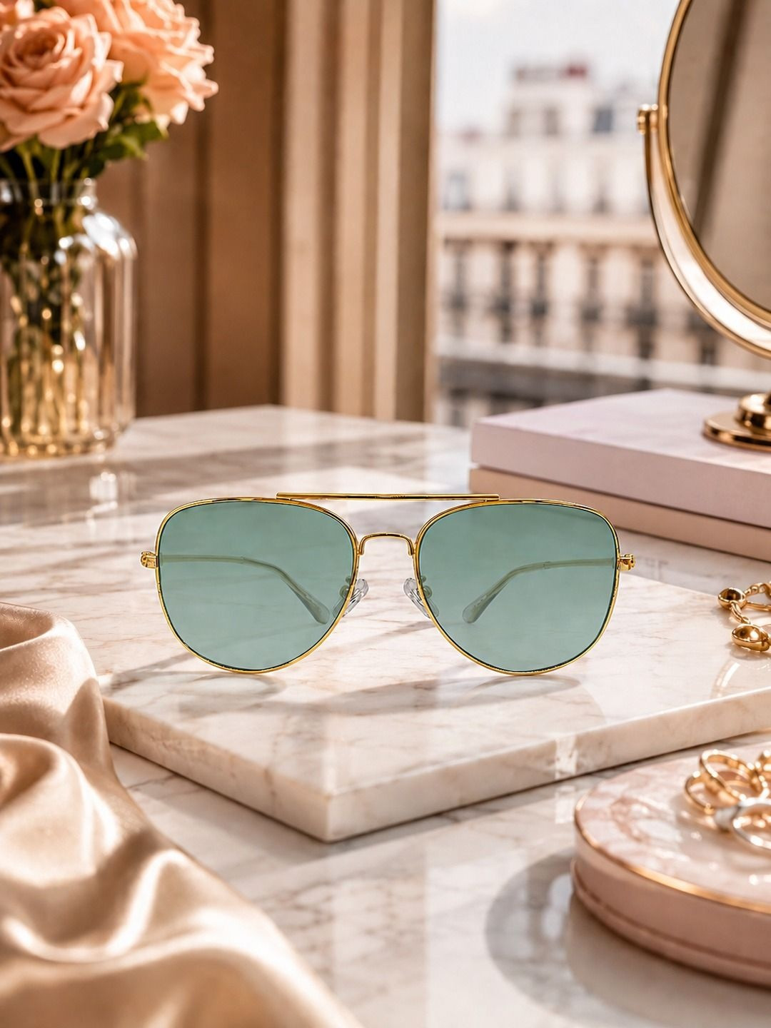 DressBerry Women Green Lens & Gold-Toned Aviator Sunglasses with