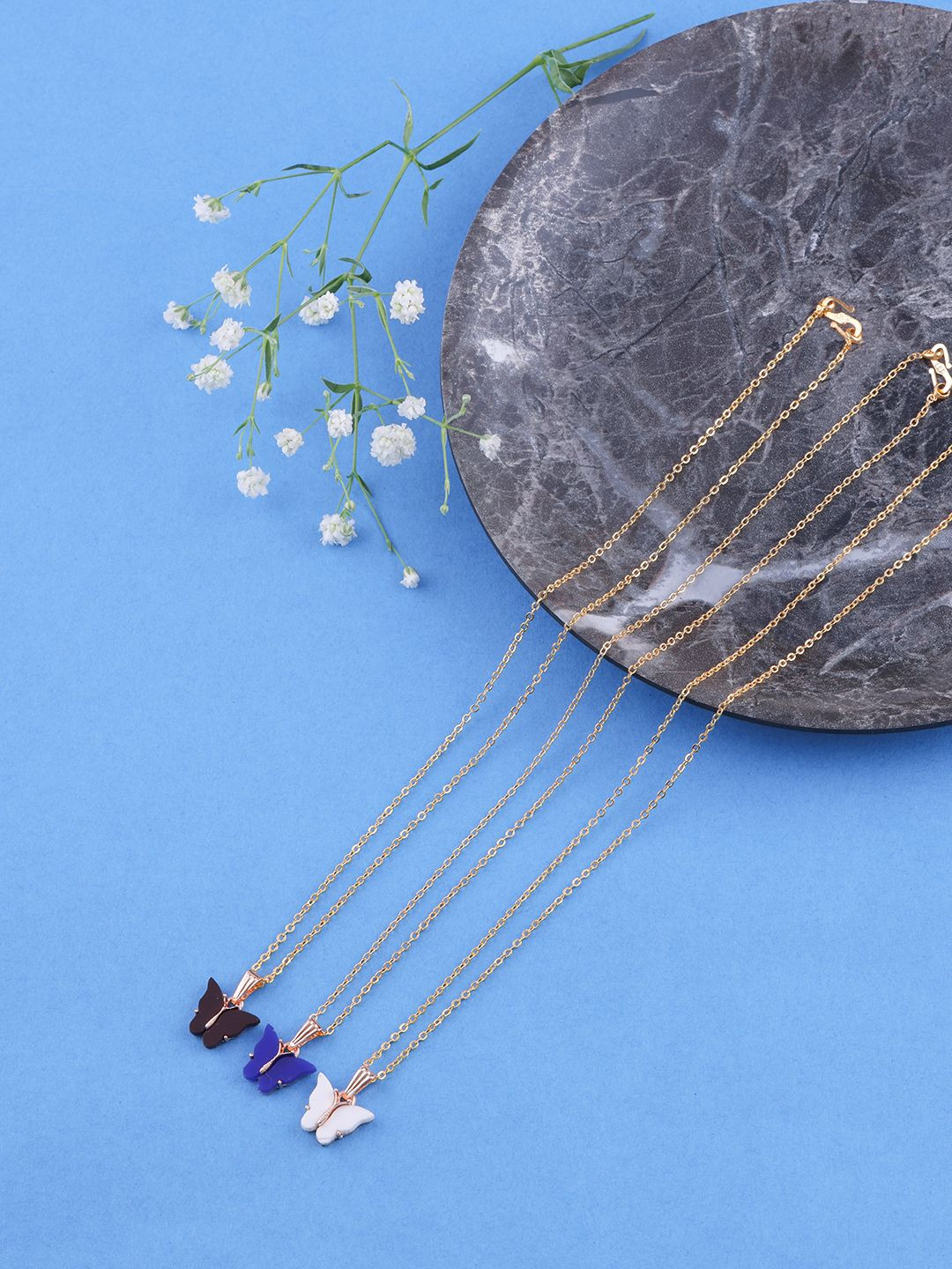 DressBerry Set Of 3 Gold-Plated Sparkling Butterfly Pendant With Chain