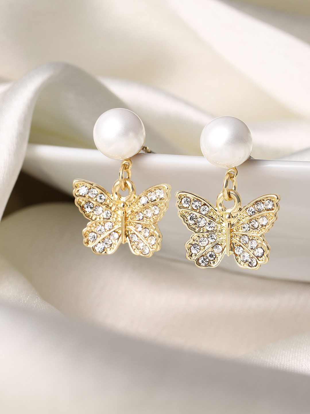 DressBerry Butterfly Shaped Beads & Stone-Studded Drop Earrings
