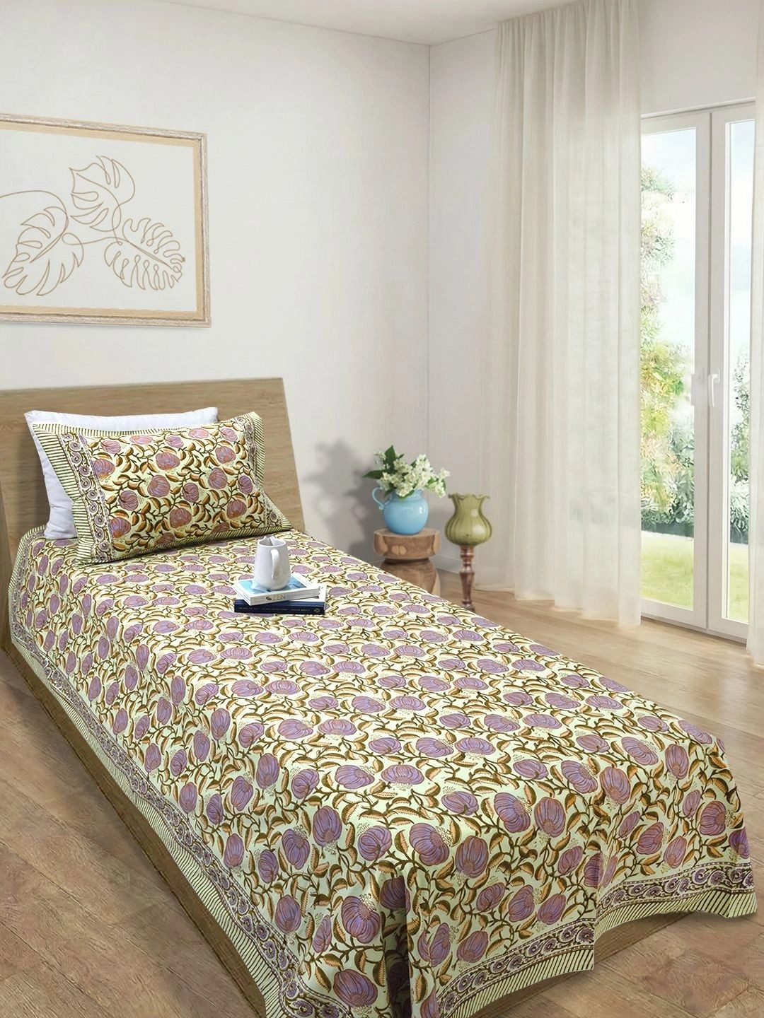 TOAI White & Purple Floral 300 TC Single Bedsheet with 1 Pillow Covers