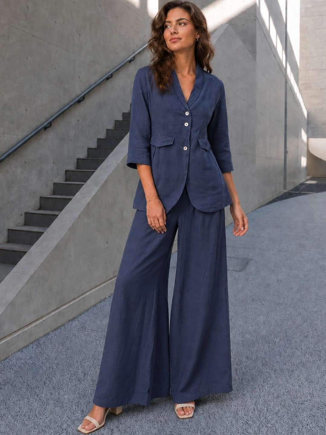 SNJI Cotton Solid Blazer with Trousers
