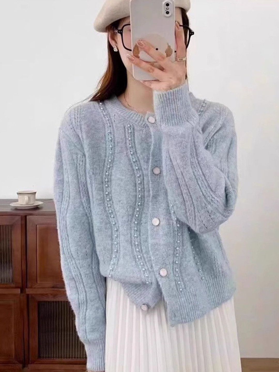 DressBerry Women Cable Knit Self Design Round Neck Cotton Cardigan
