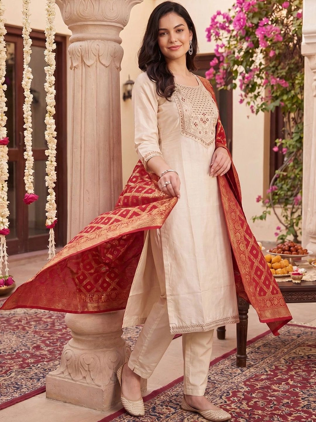 Indo Era Women Ethnic Motifs Embroidered Regular Thread Work Kurta with Trousers & With Dupatta