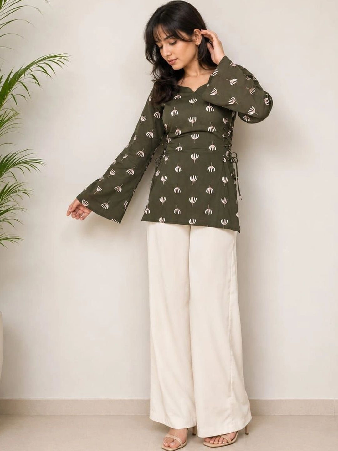 KURVEE Botanical Printed V-Neck Flared Sleeves Pure Cotton Angrakha Kurti