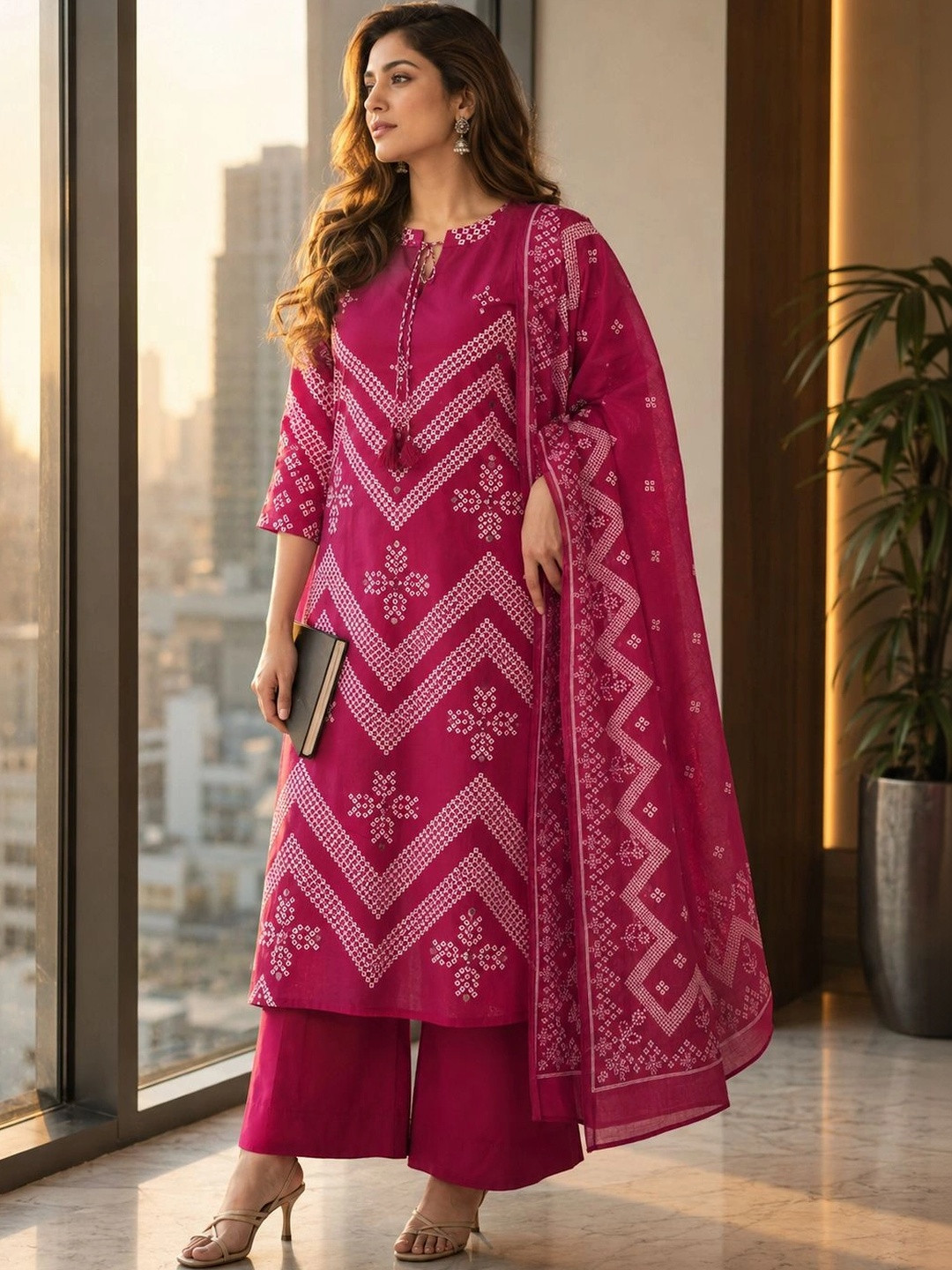 Berrylicious Women Printed Regular Mirror Work Pure Cotton Kurta with Palazzos & With Dupatta