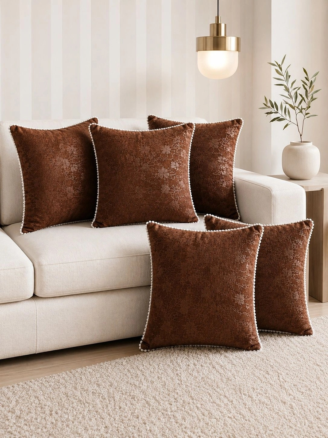 RD TREND Coffee Set of 5 Square Velvet Cushion Covers With Pom Pom 16x16 inch
