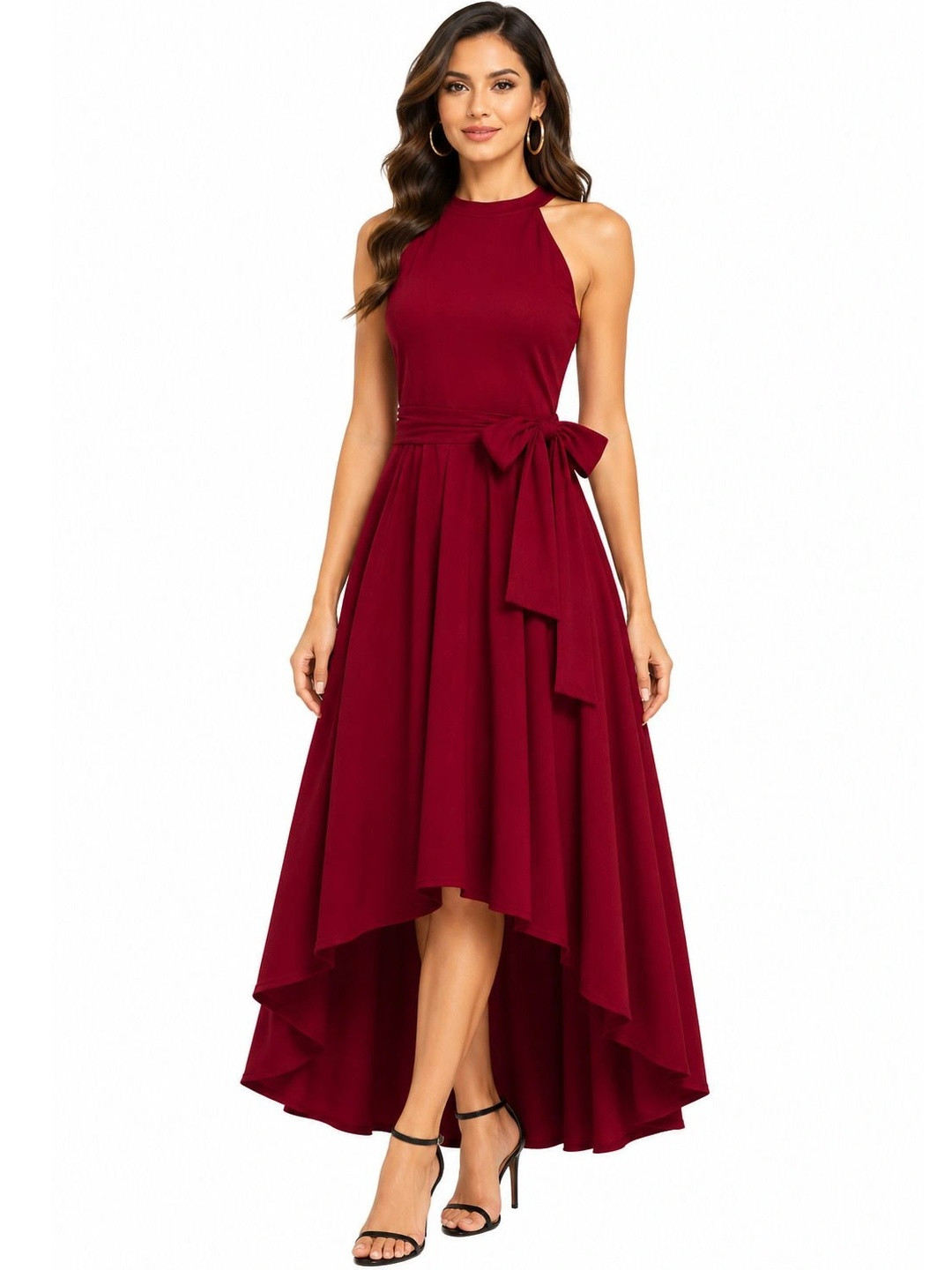 LICOLA Halter Neck Crepe Fit & Flare Midi Dress