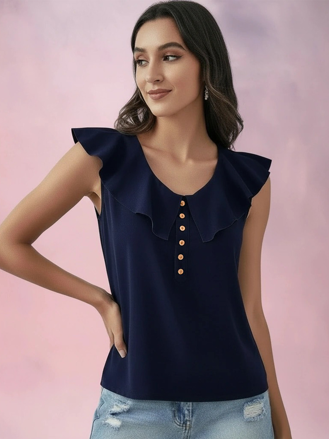 DressBerry Women Ruffle Detail Sleeveless Top