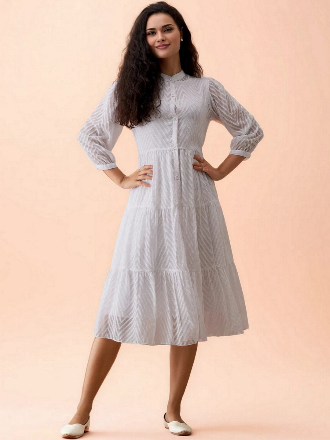 DressBerry Women Self Design Mandarin Collar Tiered Fit And Flare Midi Dress
