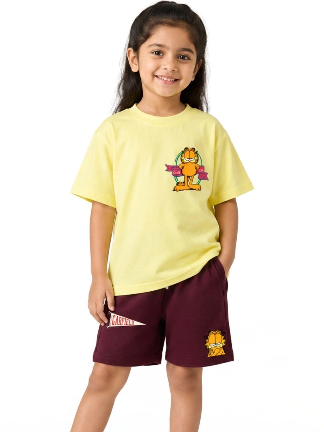 Kids-Girls Garfield Printed Half Sleeve Round Neck T-Shirt & Shorts 7