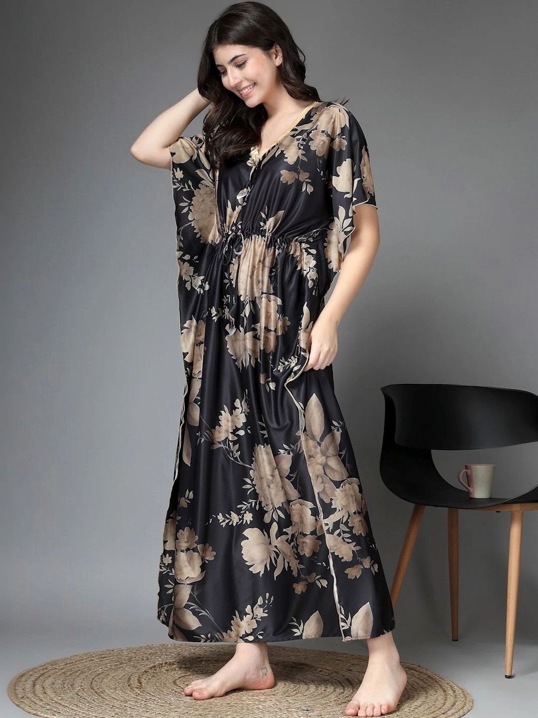 FABINALIV Women Black Floral Graphic Printed V-Neck Kaftan Nighty