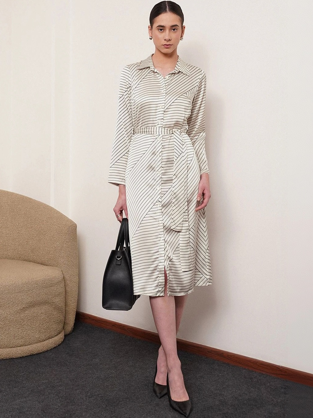 FABLE STREET Striped Tie Ups Shirt With Belt Midi Dress